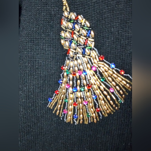 Vintage black knit wool beaded rhinestone Christmas Xmas tunic sweater L/XL - Picture 2 of 6